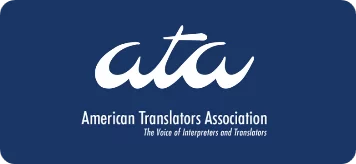 American Translators Association logo in white script on a dark blue background. Below the logo, the text reads American Translators Association The Voice of Interpreters and Translators. The design conveys professionalism and trust.
