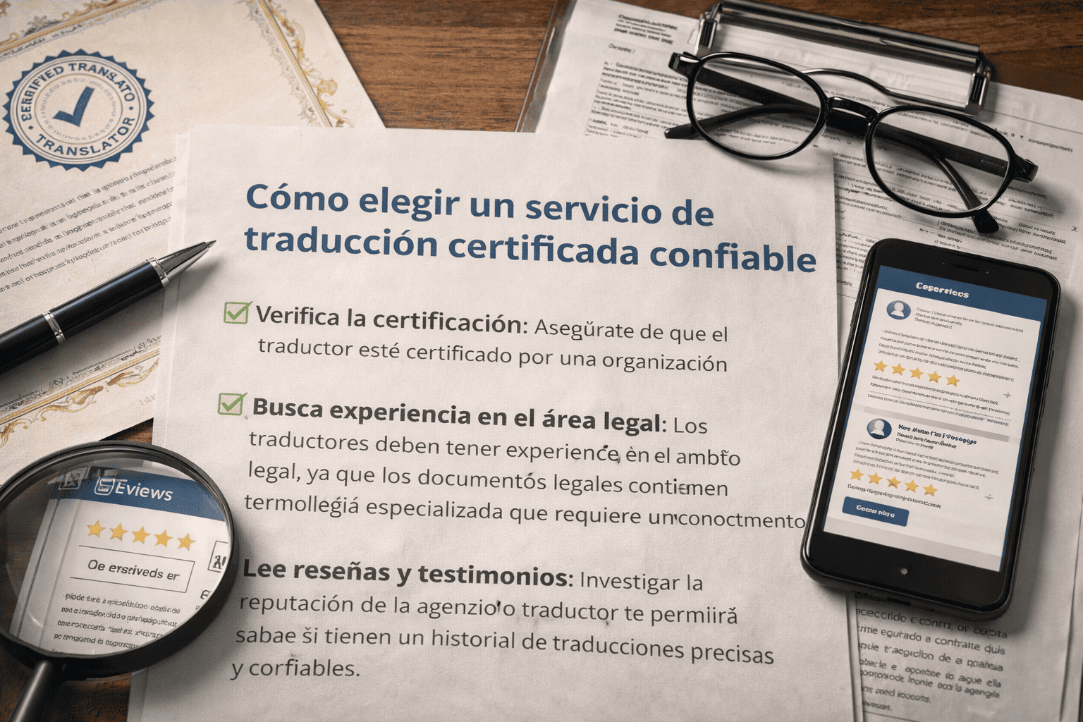 Selección de un servicio de traducción certificada confiable con documentos legales, certificado, reseñas en móvil y lista de verificación